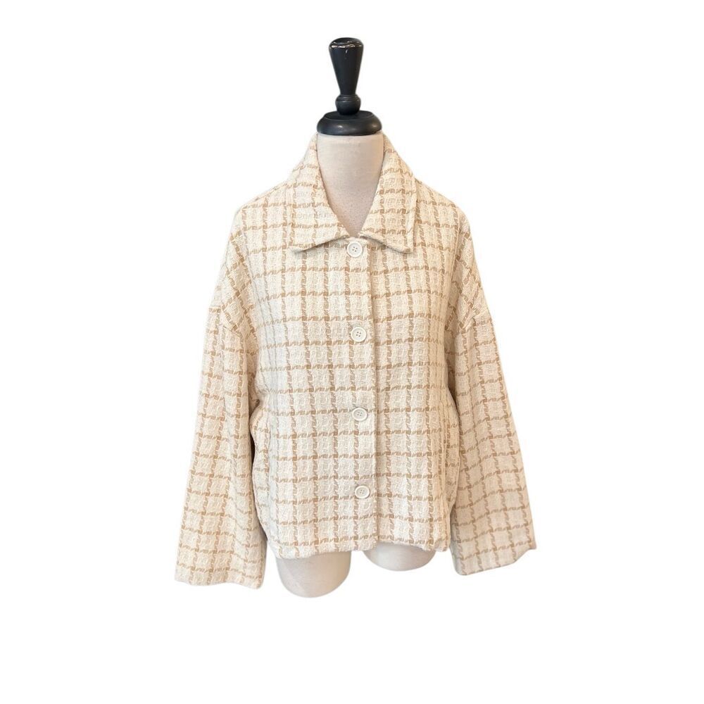 Hyfve Women's Plaid Tweed Oversized Button Down Jacket Cream Tan Size Medium NWT
